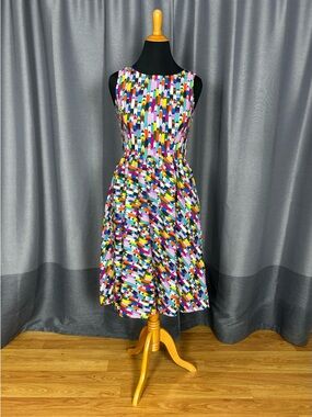Retrolicious Multicolor Geometric Pencil Print Cotton Midi Dress L